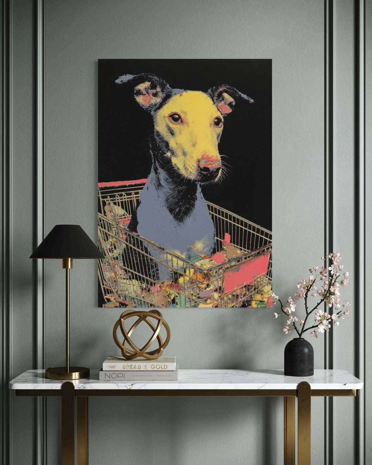 Framed artwork of a dog in a shopping cart on a wall above a console table with decorative items.