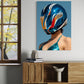 Modern interior with a person wearing a colorful helmet on a wall canvas, next to a window with autumn foliage.