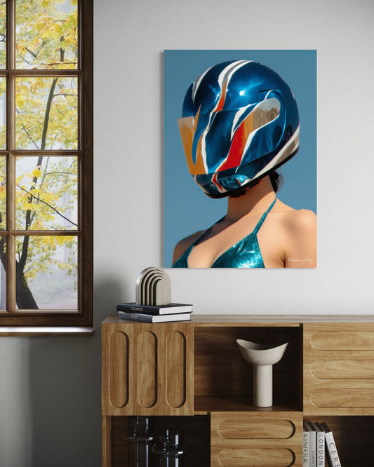 Modern interior with a person wearing a colorful helmet on a wall canvas, next to a window with autumn foliage.