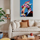 Living room with a colorful abstract painting above a beige sofa.