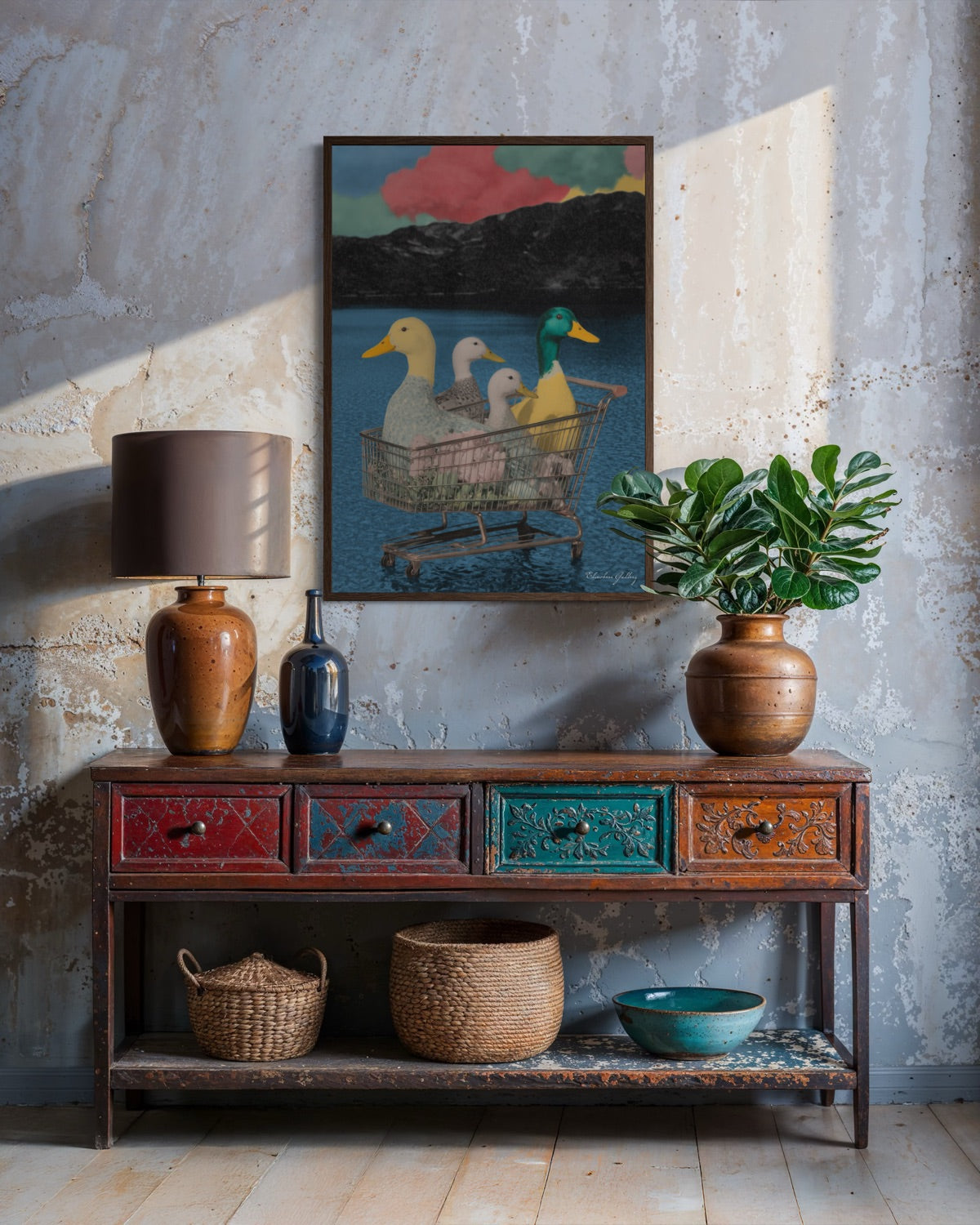 Decorative console table with vases, a lamp, and a painting on a textured wall.