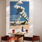 Dining area with a tiger pushing a shopping cart on a wall art above a table.