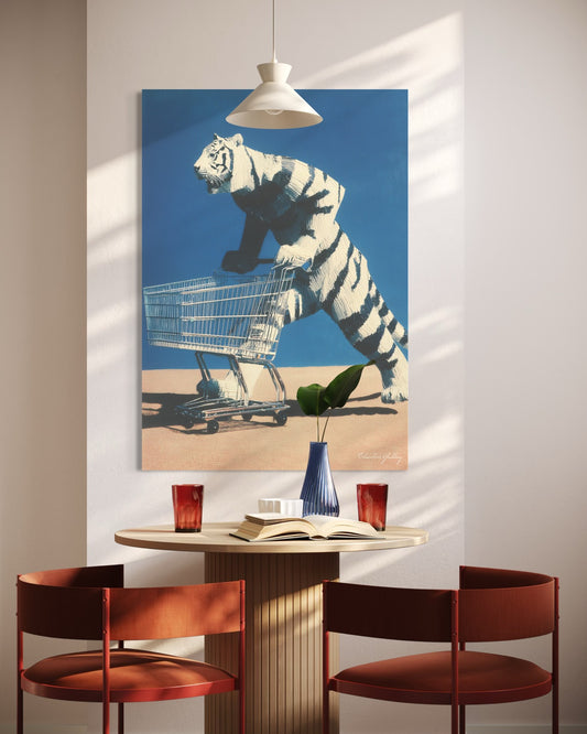 Dining area with a tiger pushing a shopping cart on a wall art above a table.