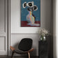 Modern interior with a black chair, marble side table, and abstract artwork on the wall.