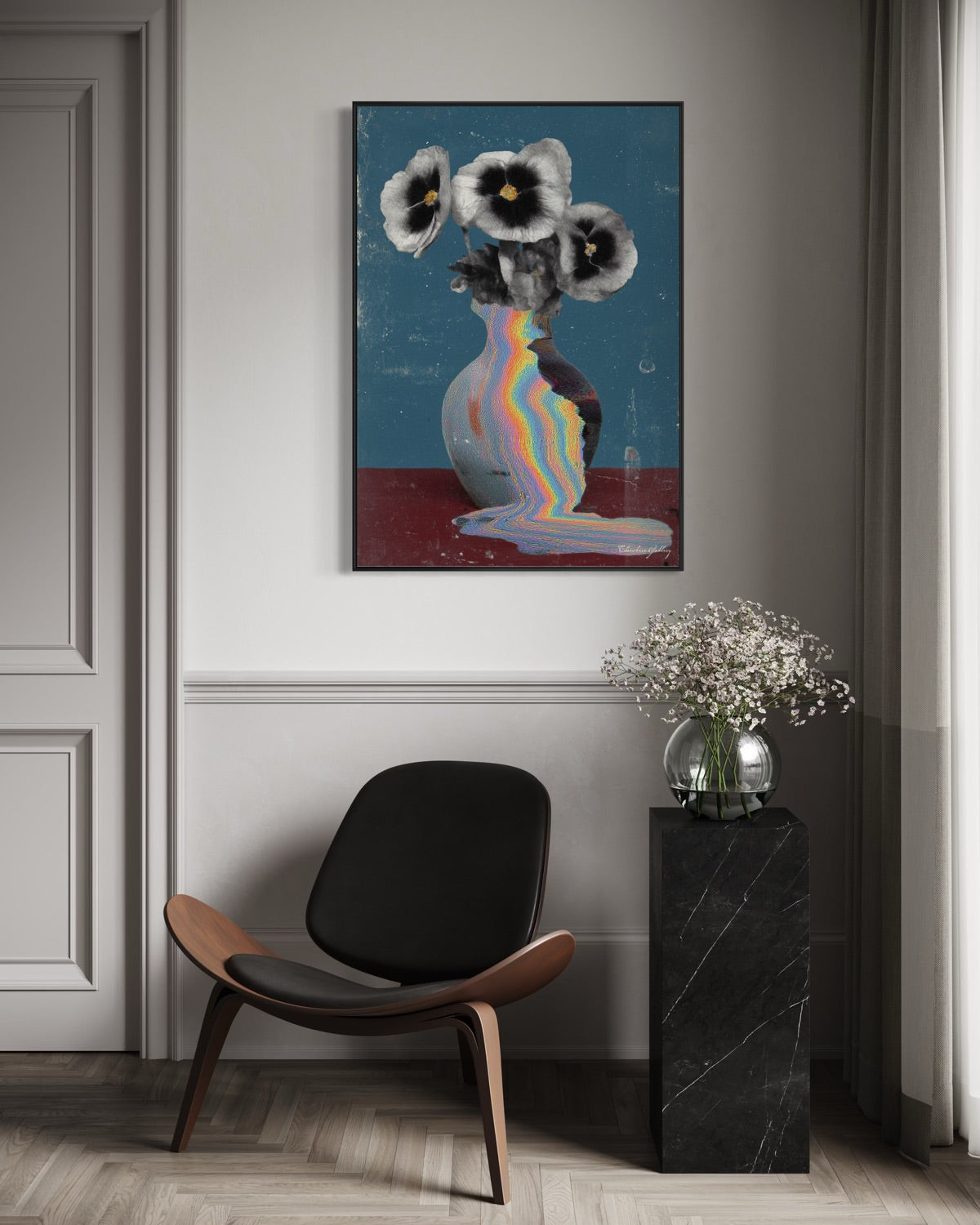 Modern interior with a black chair, marble side table, and abstract artwork on the wall.