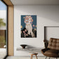 Modern living room with a decorative wall art piece featuring a stylized face and floral elements.