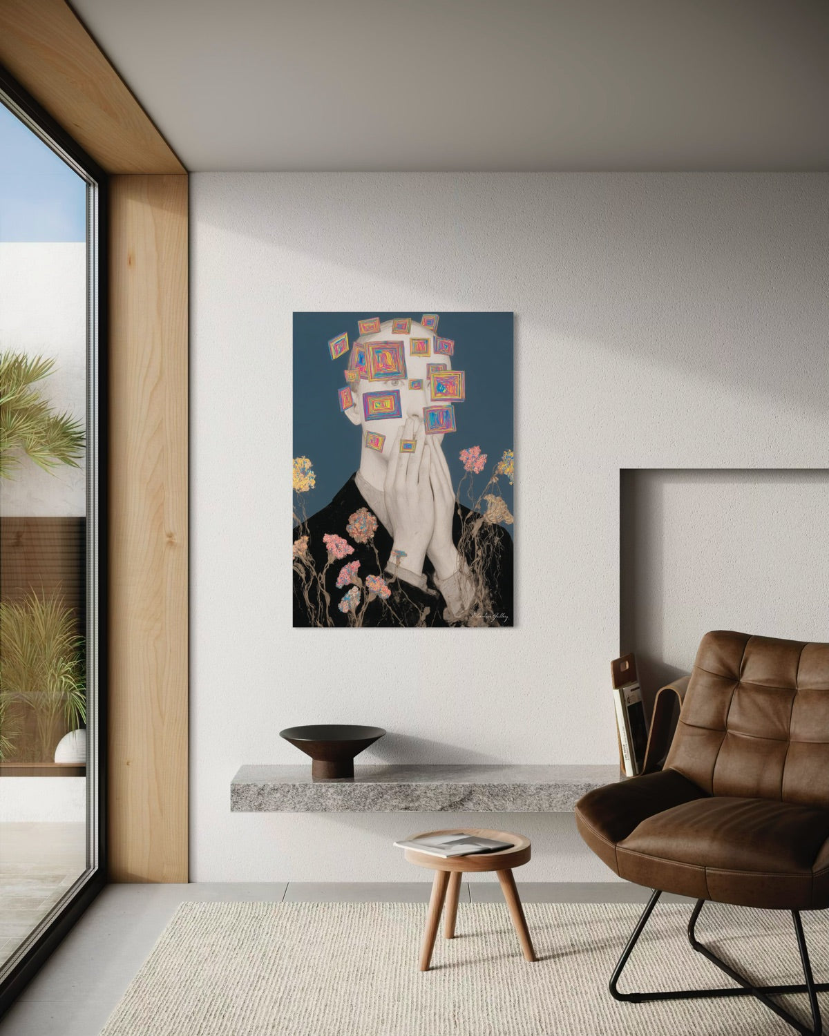 Modern living room with a decorative wall art piece featuring a stylized face and floral elements.