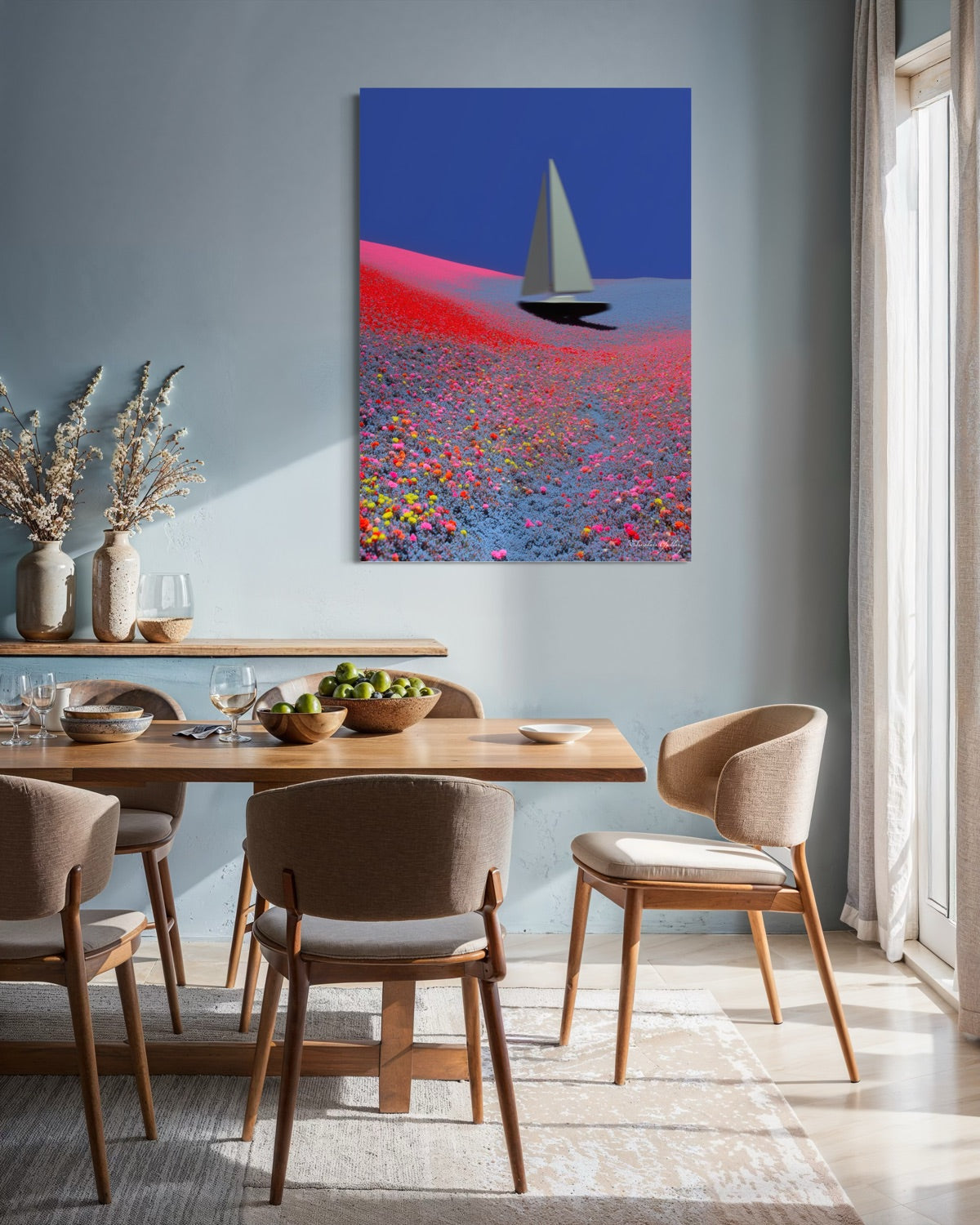 Dining room with a table and chairs, and a colorful abstract painting on the wall.