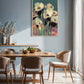 Dining room with wooden table and chairs, colorful floral painting on the wall.