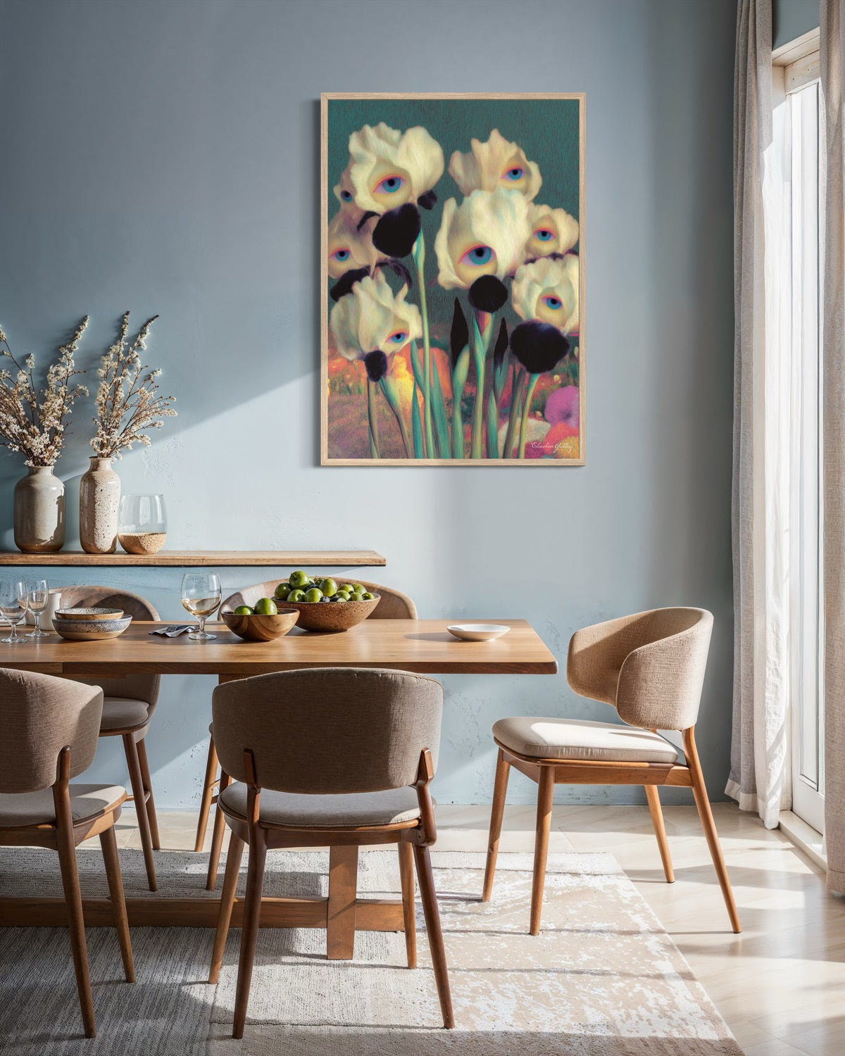 Dining room with wooden table and chairs, colorful floral painting on the wall.