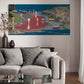 Living room with a large painting of a city street scene on the wall.