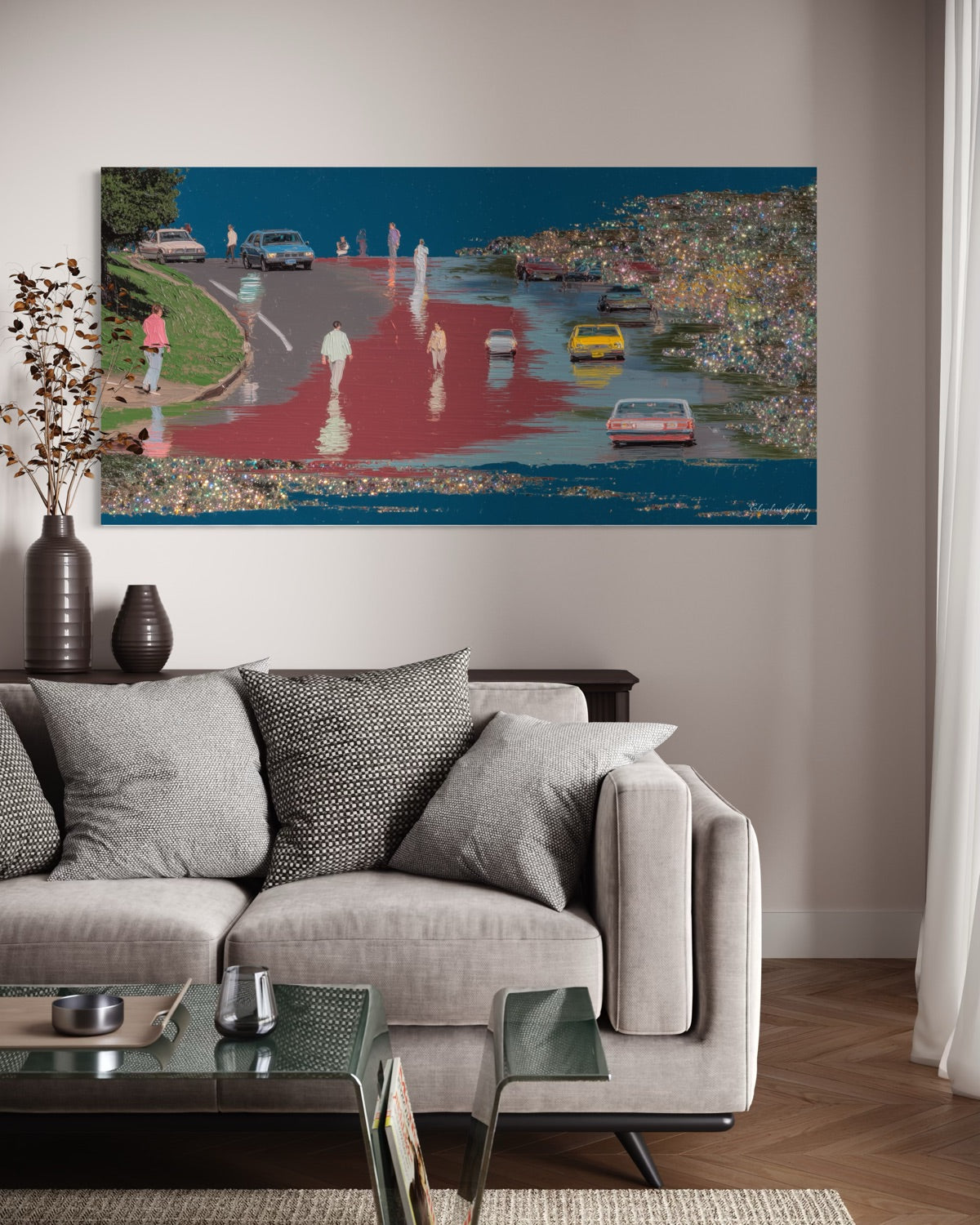 Living room with a large painting of a city street scene on the wall.