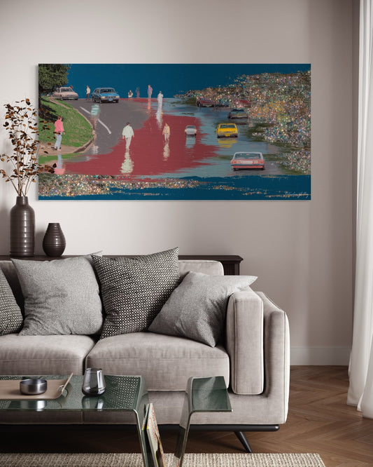 Living room with a large painting of a city street scene on the wall.
