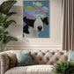 Living room with a beige sofa, decorative pillows, and a colorful abstract painting of a dog on the wall.