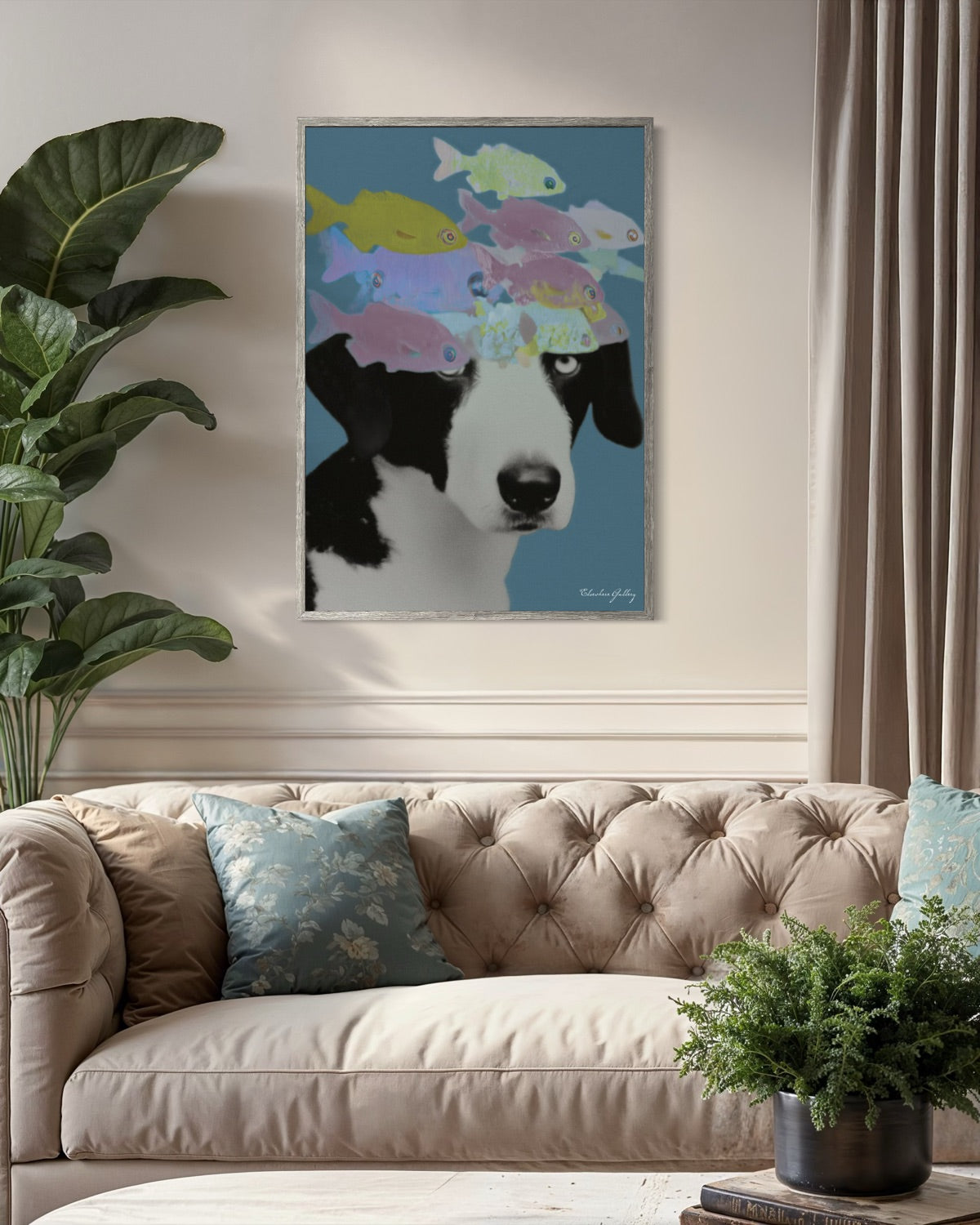 Living room with a beige sofa, decorative pillows, and a colorful abstract painting of a dog on the wall.
