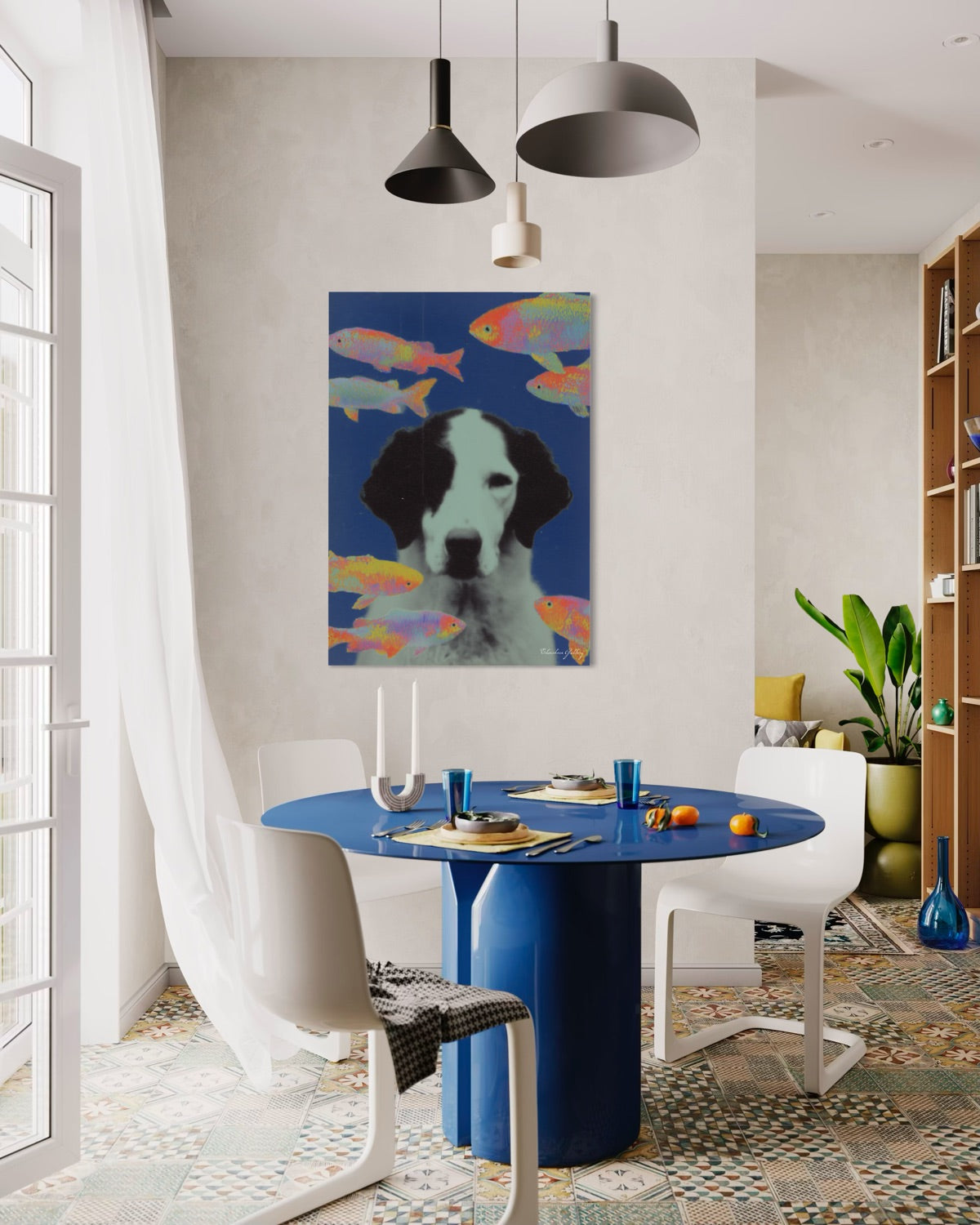 Dining room with a blue table and white chairs, featuring a colorful painting of a dog on the wall.
