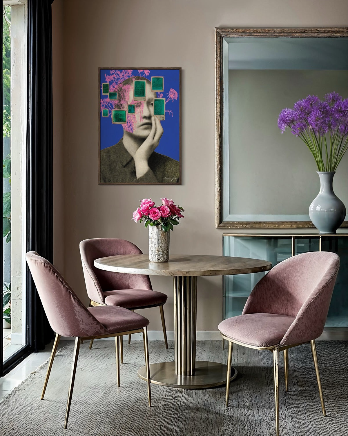 Dining room with pink chairs, round table, and abstract art on the wall.