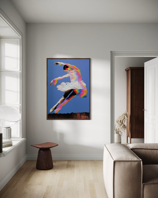 Colorful abstract painting of a dancer in a modern living room.