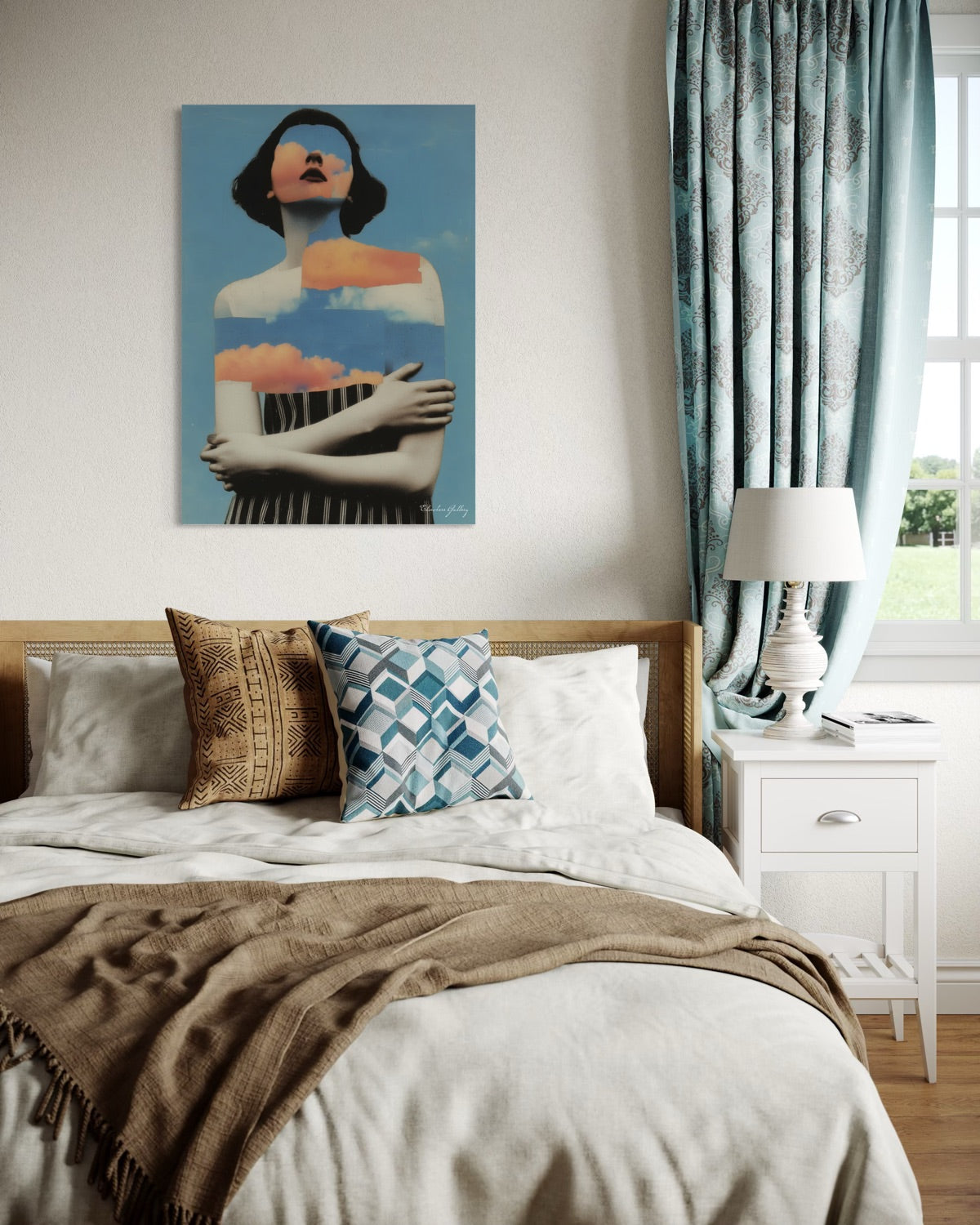 Bedroom with a bed, pillows, and a decorative wall art piece.