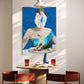 Dining area with a modern table and chairs, featuring a colorful abstract painting on the wall.