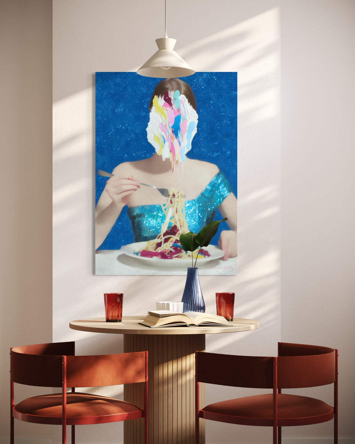 Dining area with a modern table and chairs, featuring a colorful abstract painting on the wall.