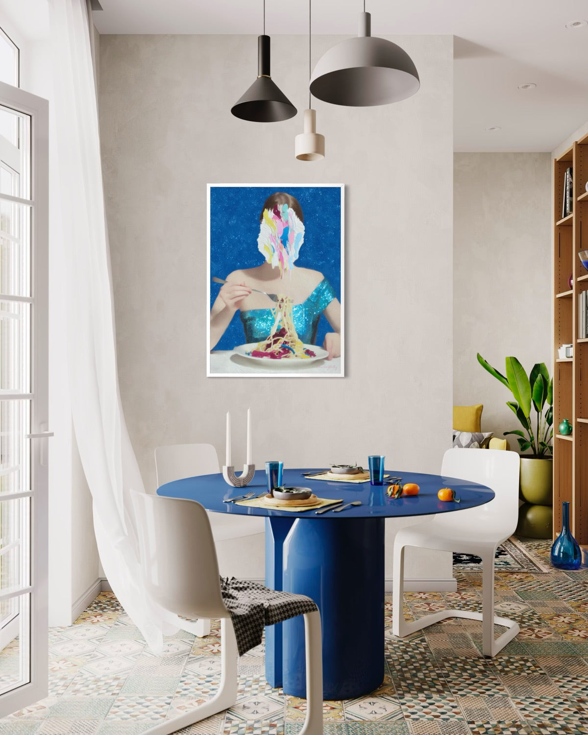 Dining room with a blue table, white chairs, and a colorful painting on the wall.