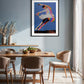 Dining room with a colorful abstract painting of a dancer on the wall.
