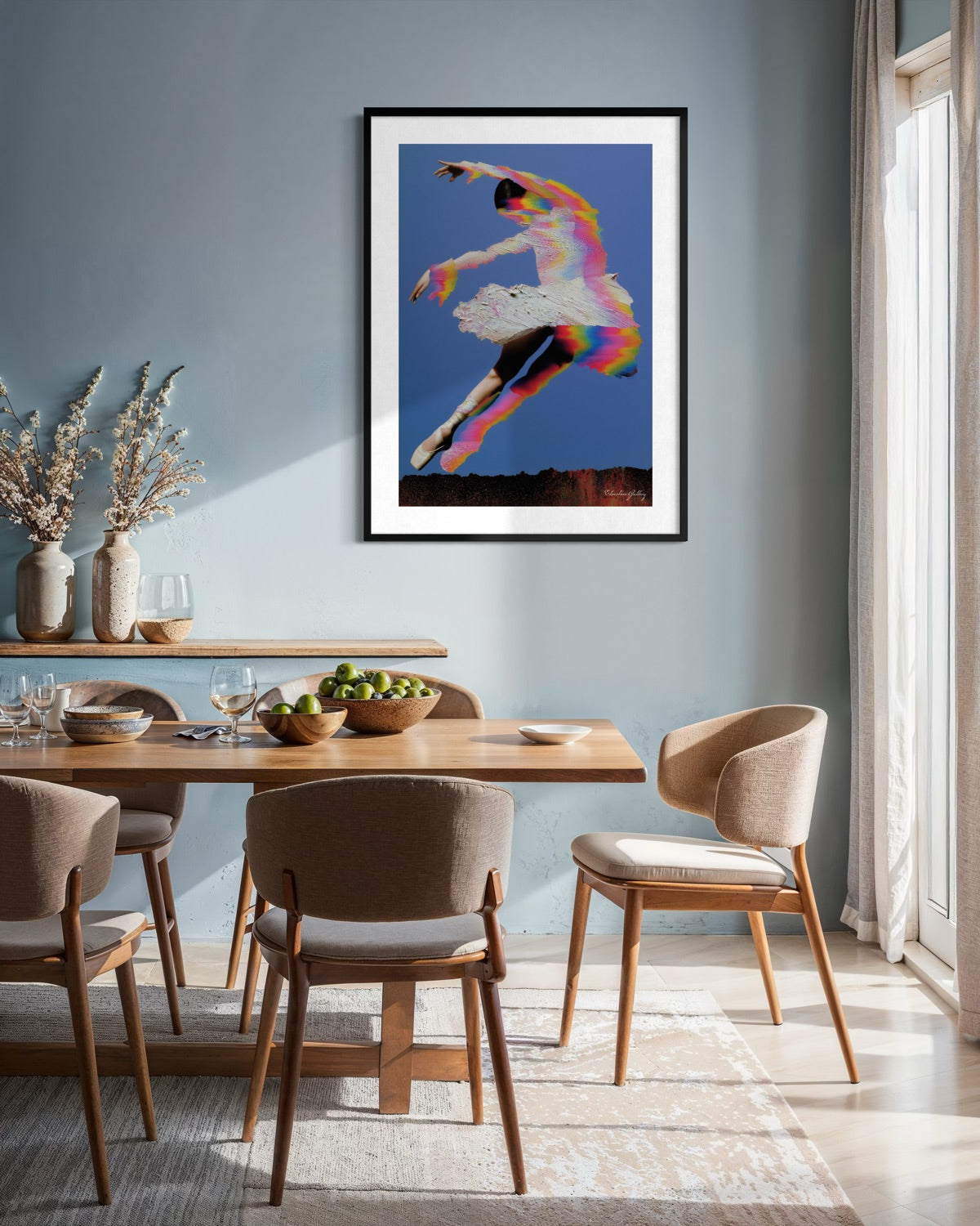 Dining room with a colorful abstract painting of a dancer on the wall.