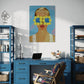 Modern home office with blue desk, chair, and shelves, featuring a colorful painting on the wall.