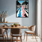 Dining room with a colorful abstract painting on the wall