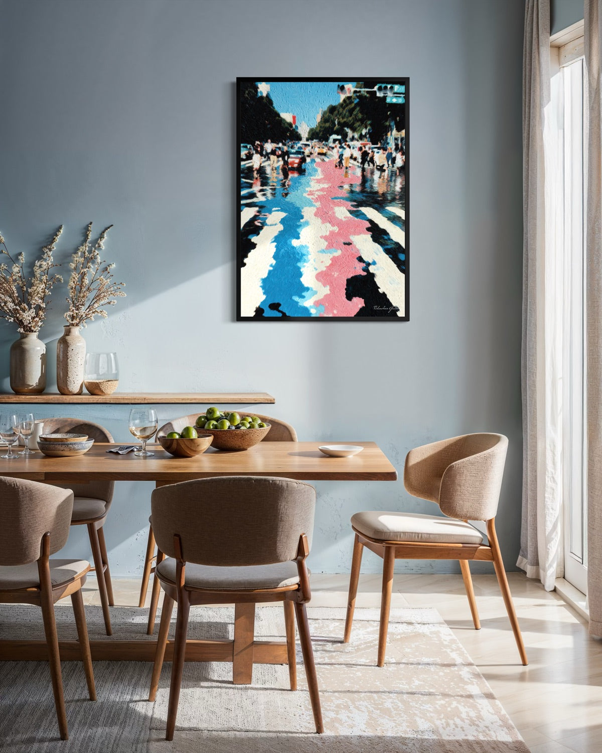Dining room with a colorful abstract painting on the wall