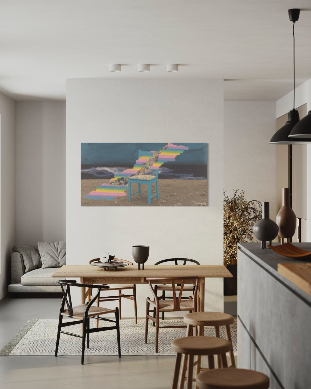 Modern dining area with a colorful abstract painting on the wall.