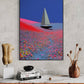 Framed abstract art piece on a wall above a wooden shelf with decorative items.
