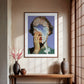 Framed artwork on a wall in a room with wooden bench and vases