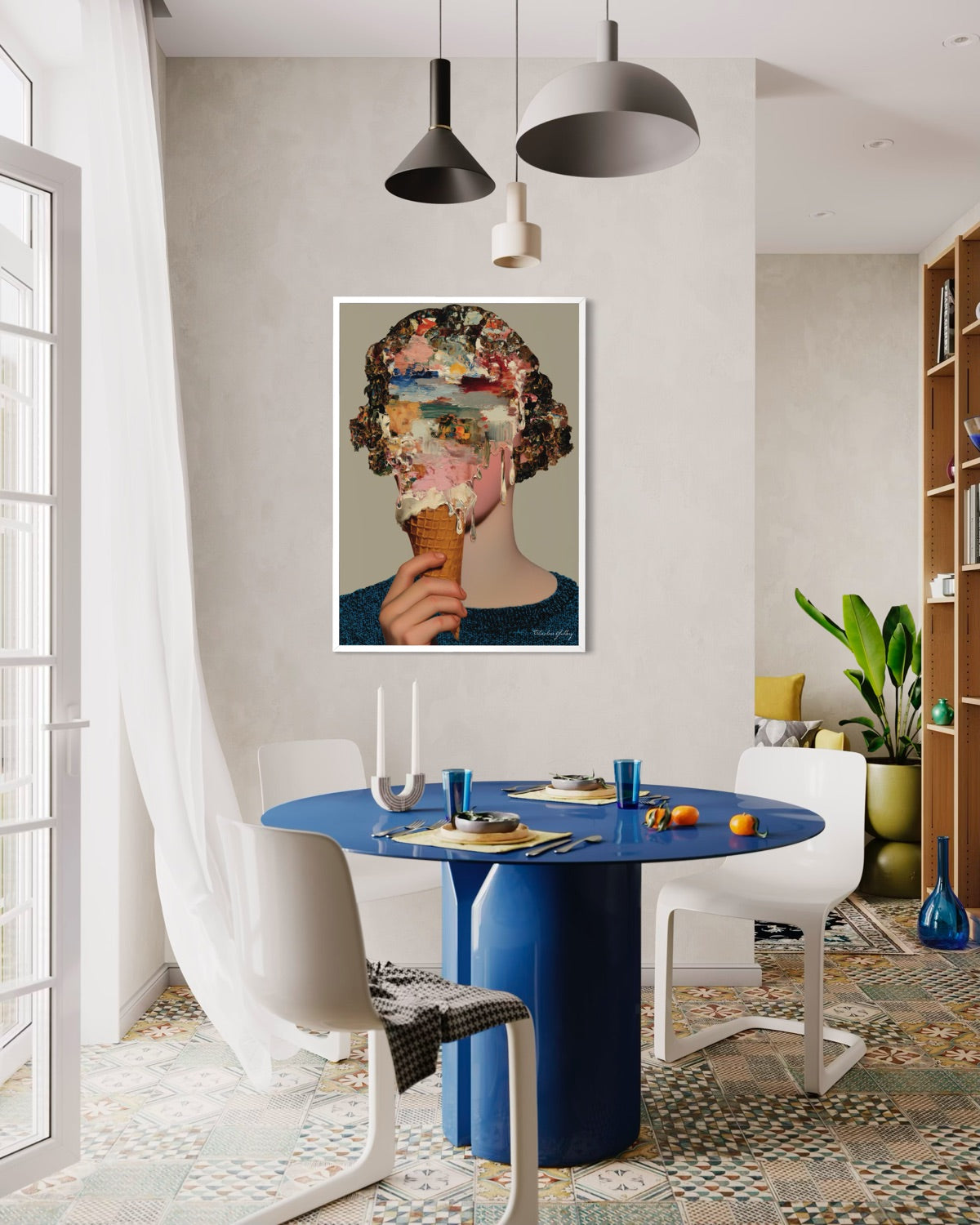 Dining room with a blue table and white chairs, featuring a colorful abstract painting on the wall.
