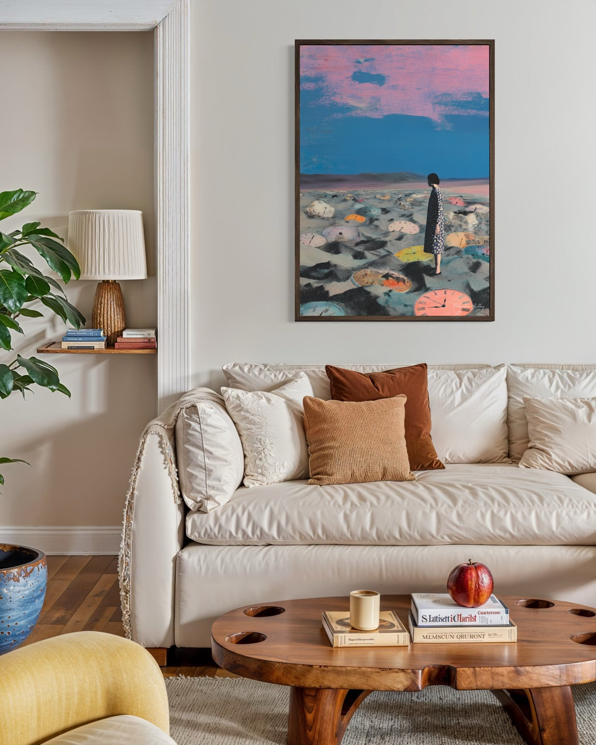 Living room with a beige sofa, wooden coffee table, and colorful abstract painting on the wall.