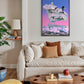 Living room with a couch, coffee table, and colorful abstract painting on the wall.