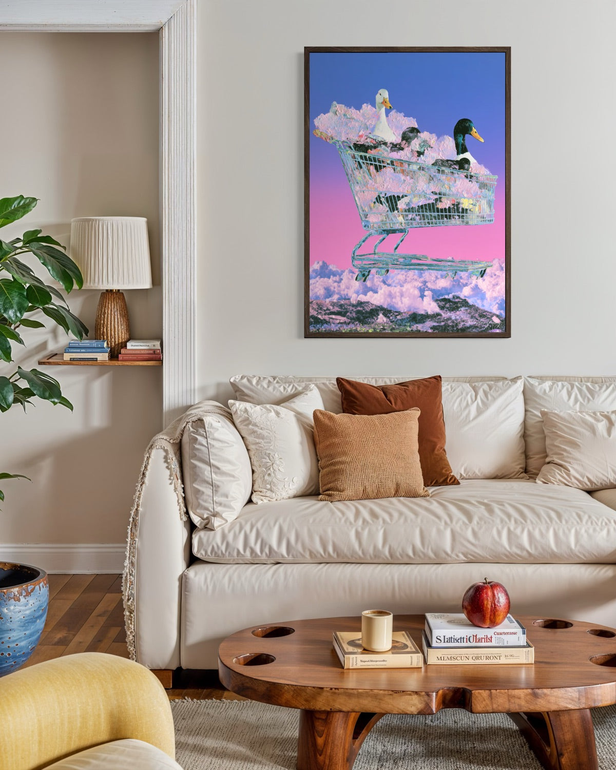 Living room with a couch, coffee table, and colorful abstract painting on the wall.