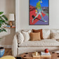 Living room with a colorful abstract painting above a beige sofa.