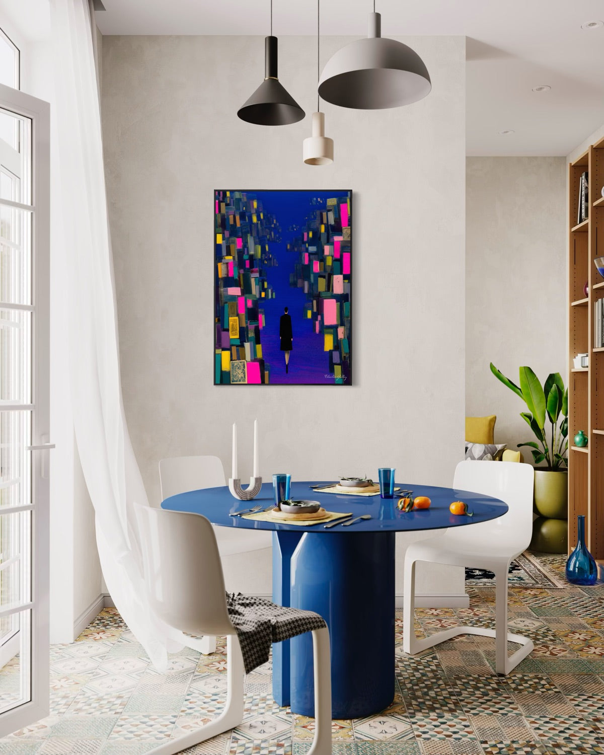 Modern dining room with a blue table and colorful abstract painting on the wall.