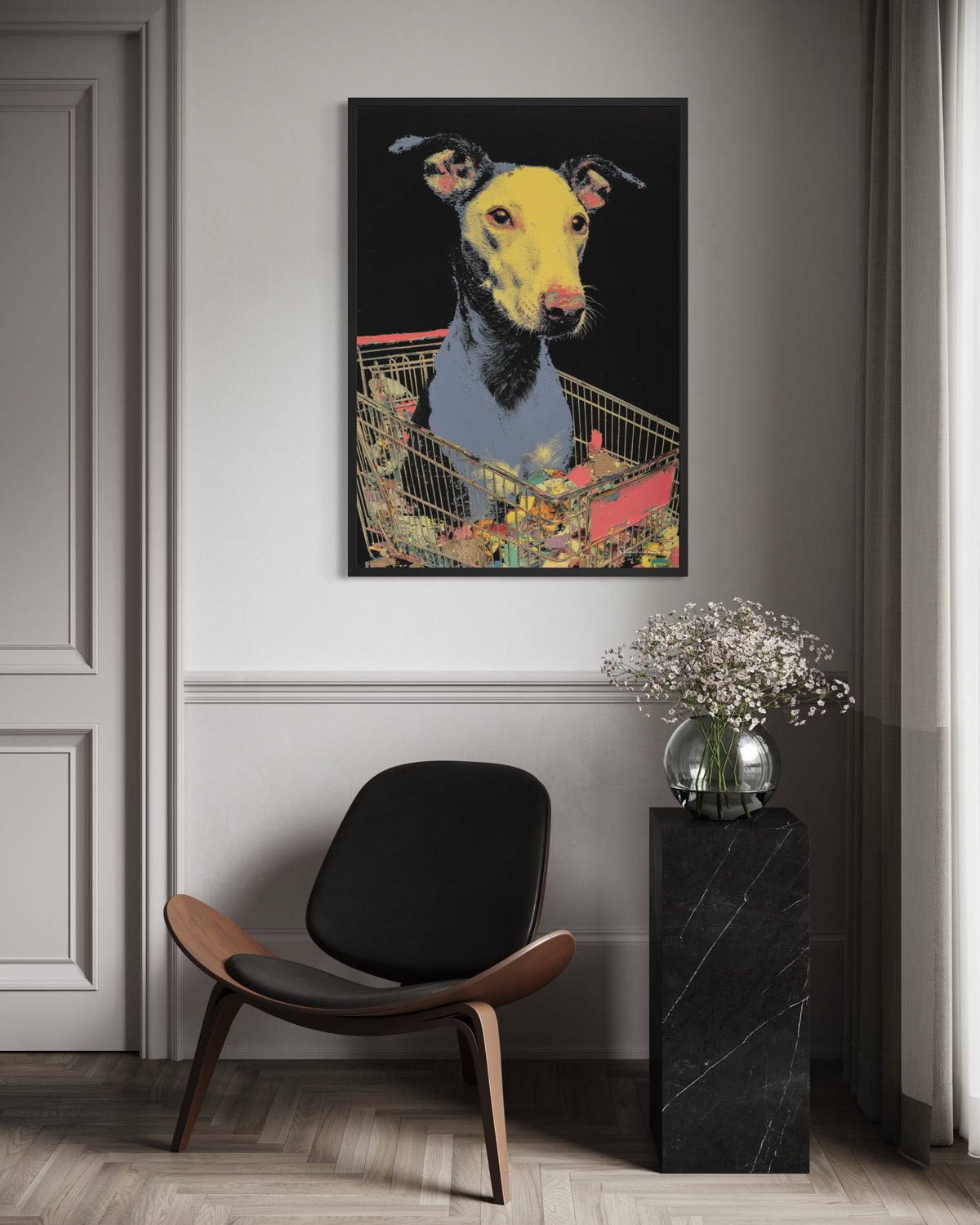 Modern interior with a black chair, black side table, and a colorful painting of a dog in a shopping cart on the wall.
