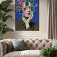 Abstract art piece on a wall above a beige sofa with decorative pillows.