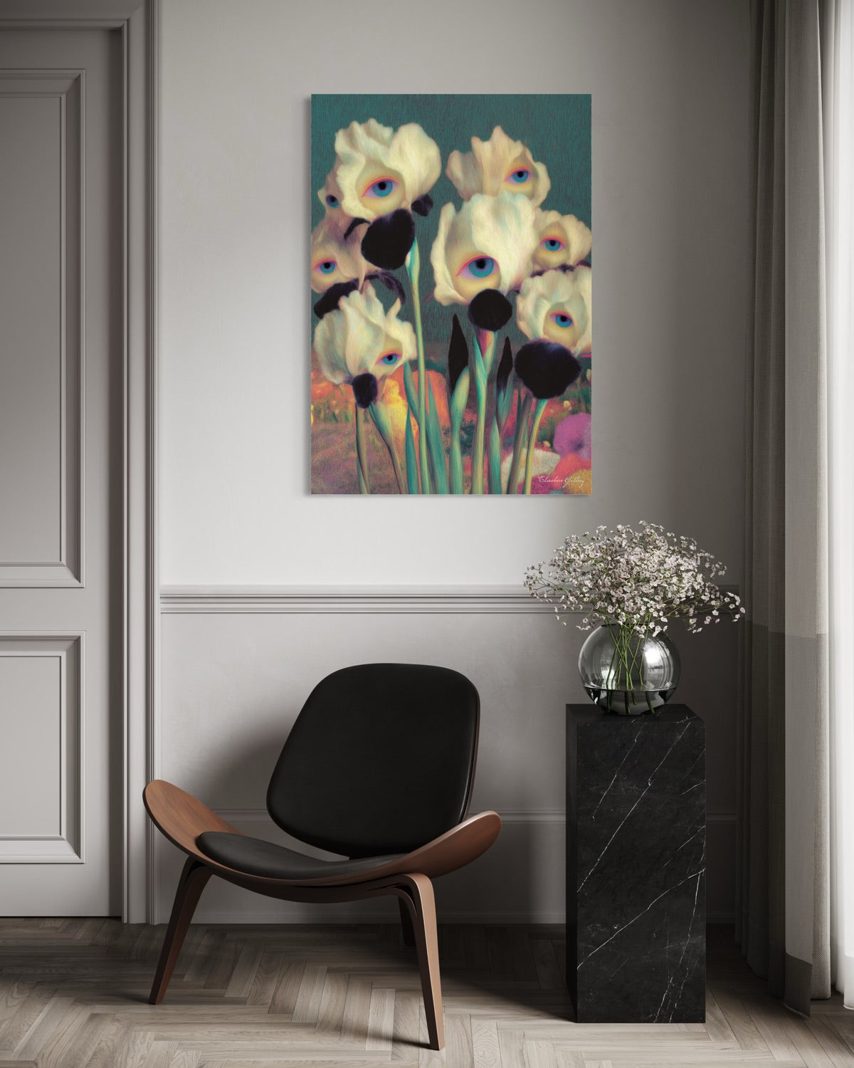 Modern interior with a black chair, marble side table, and abstract floral painting on the wall.