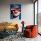 Modern living room with a yellow sofa, red armchair, and abstract art on the wall.