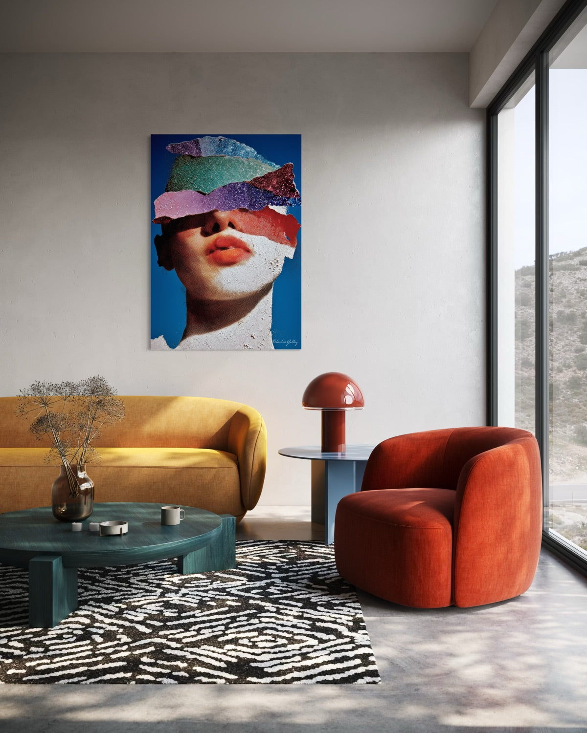 Modern living room with a yellow sofa, red armchair, and abstract art on the wall.