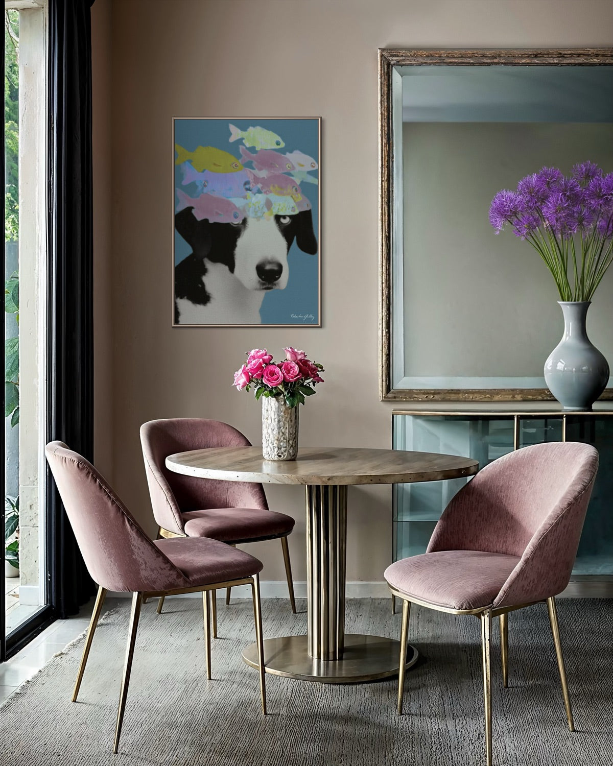 Dining room with pink chairs, round table, and decorative elements.