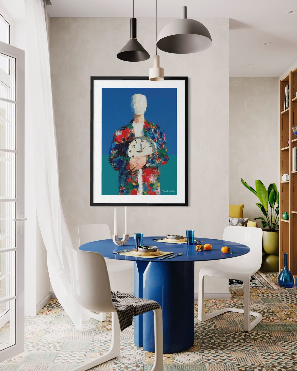Dining room with a blue table and colorful abstract painting on the wall.