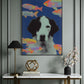 Framed artwork of a dog with colorful fish on a wall above a console table.
