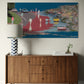 Wooden sideboard with a large abstract painting above it on a wall.