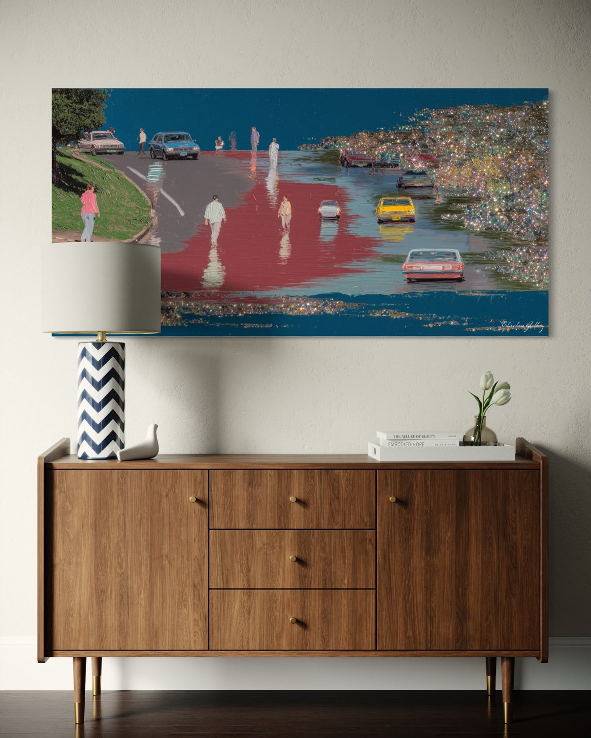 Wooden sideboard with a large abstract painting above it on a wall.